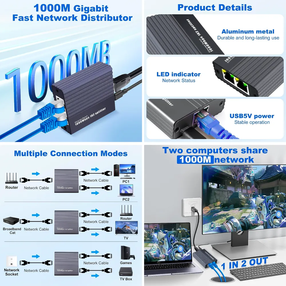 Splitter Divisor de Red RJ45 1X2 1000mbps