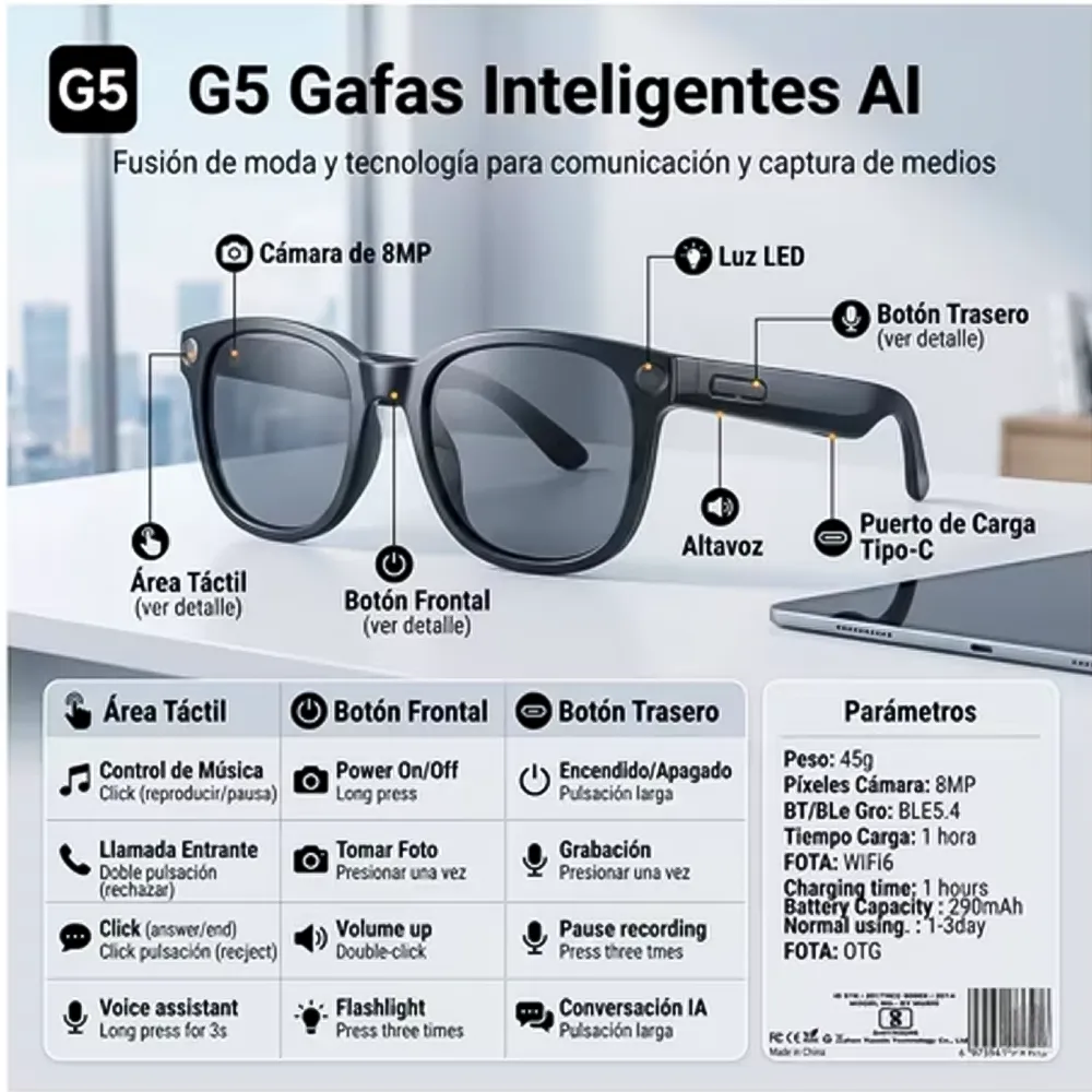 Lentes con Cámara AI Smart Glasses G5