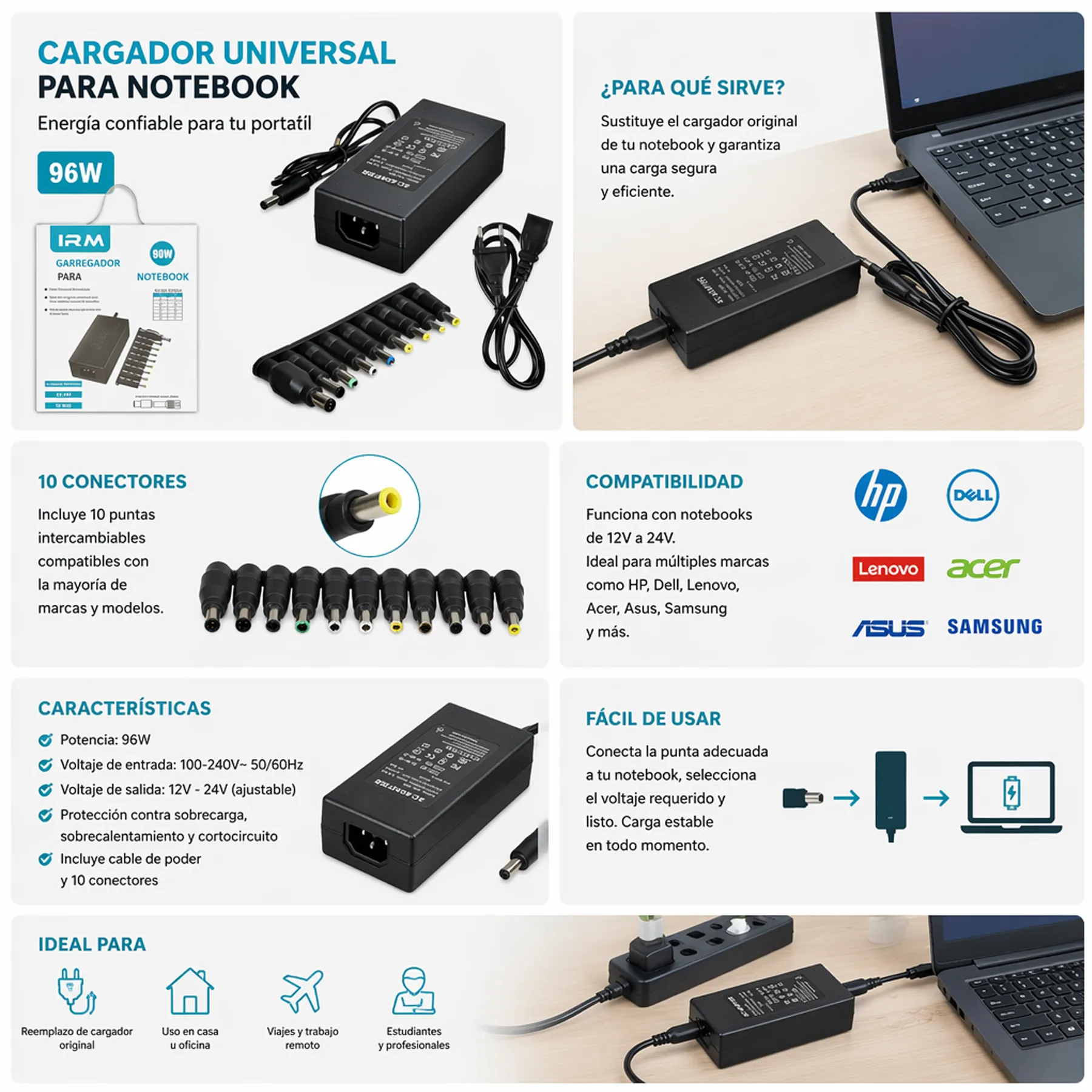 Cargador de Notebook Universal 9 Puntas IRM 2 01101 03