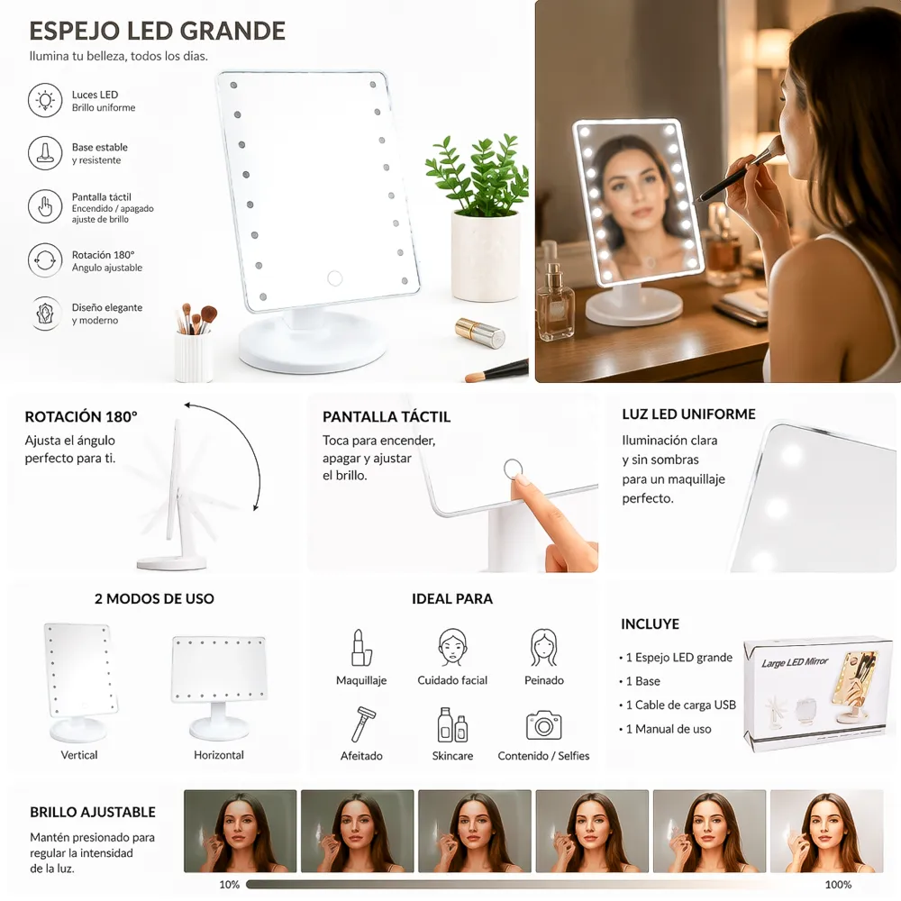 Espejo de Maquillaje Led Reflector 180°