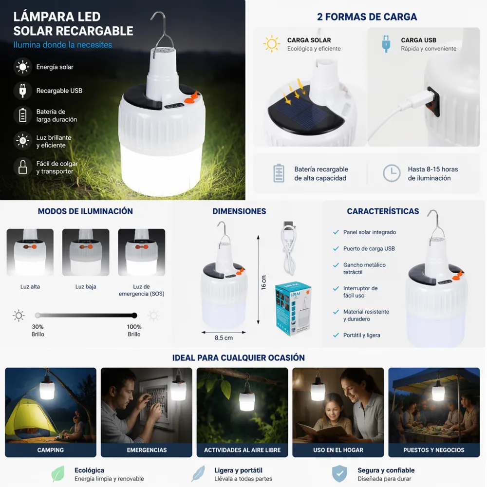 Lámpara LED solar recargable camping USB 24T 1 07147 01