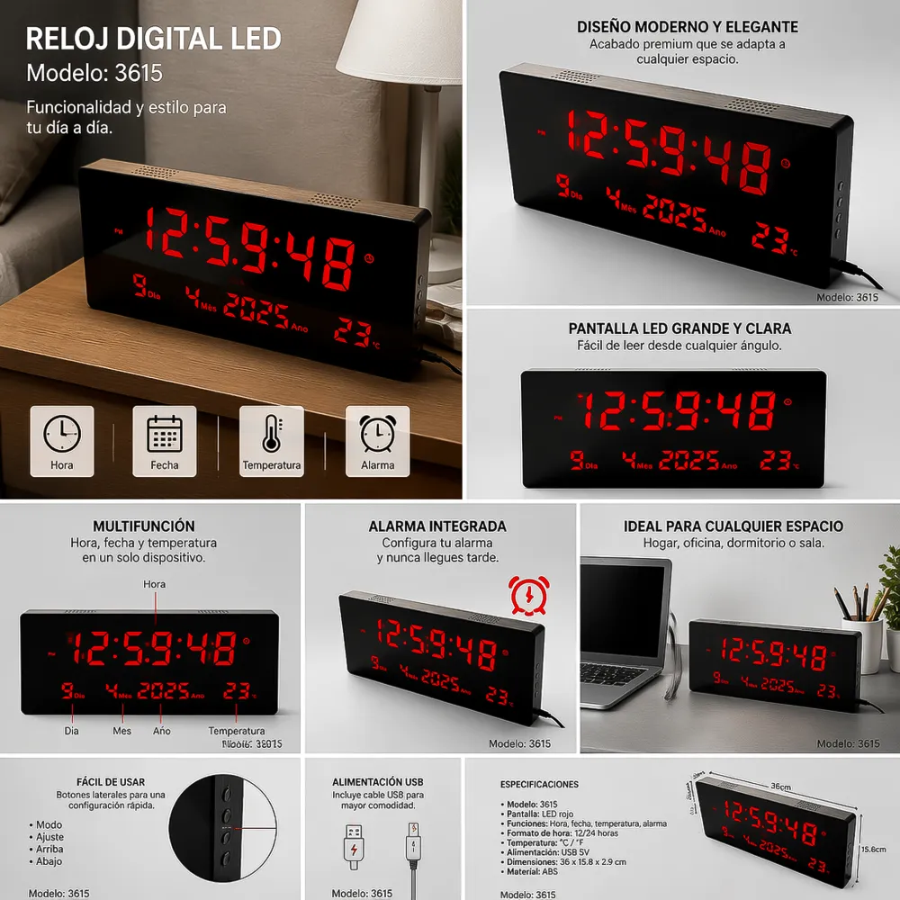 Reloj Mural Digital LED JH3615 1 13826 01
