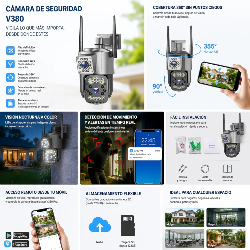 Cámara de Seguridad Exterior Wifi PTZ HD V380 2 14049 01