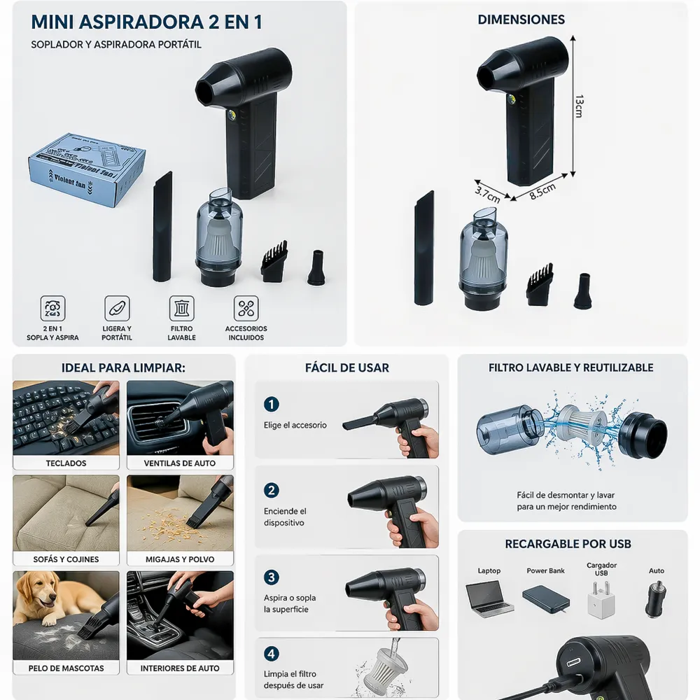 Mini Soplador de Aire Aspiradora Inalambrico 2 en 1