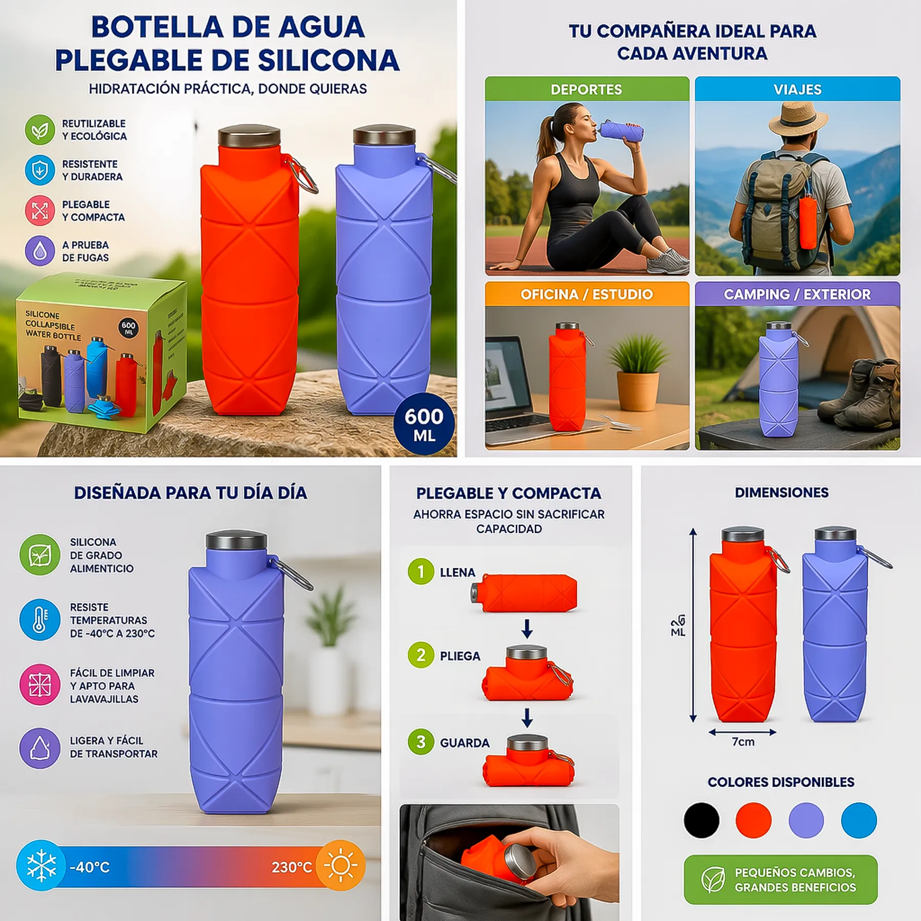 Botella de Agua Plegable Silicona 700ml Origami 2 14078 01