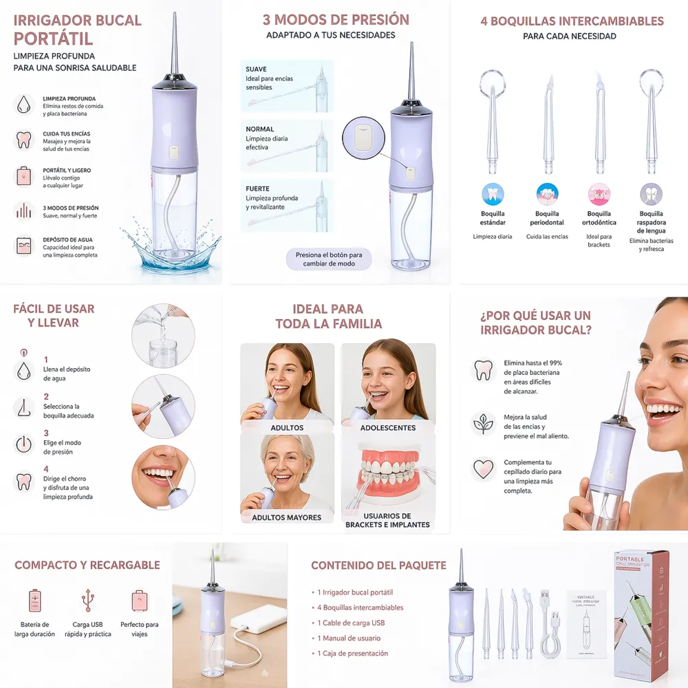 Irrigador Dental Portátil 4 Boquillas