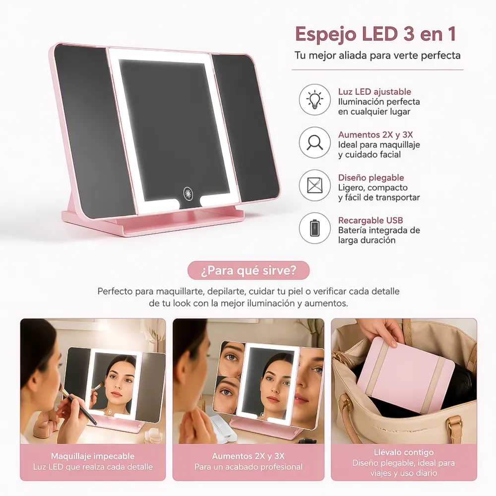 Espejo LED para Maquillaje 3 en 1