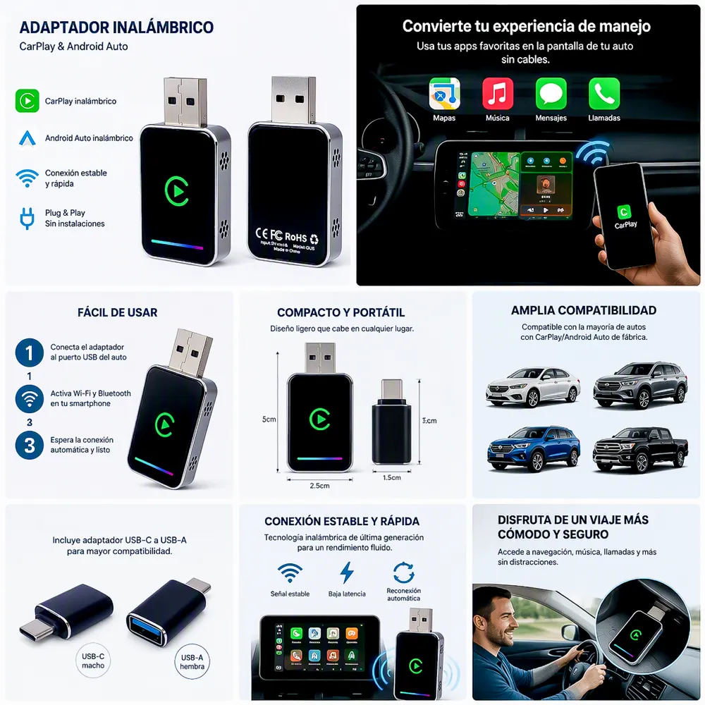 Adaptador Inalámbrico CarPlay Android Auto Q1JS