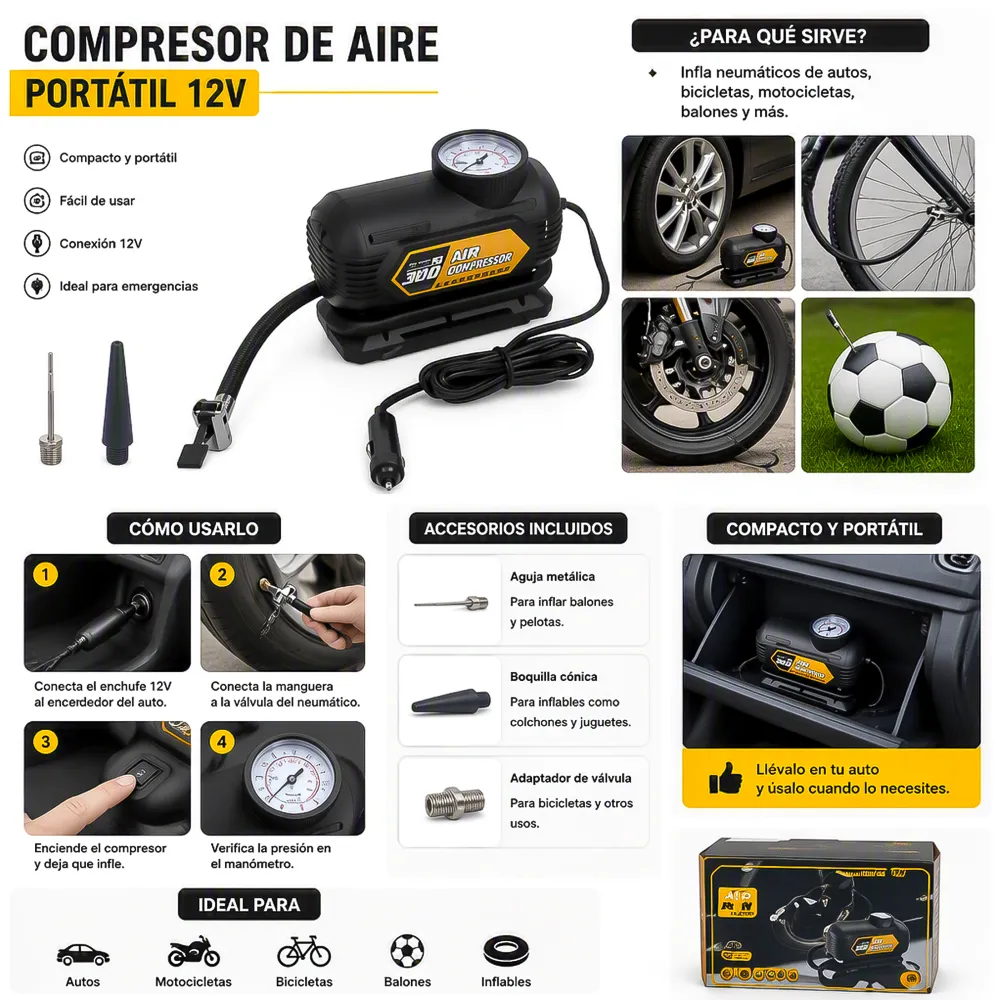 Compresor de Aire Portátil de 12V 300 PSI