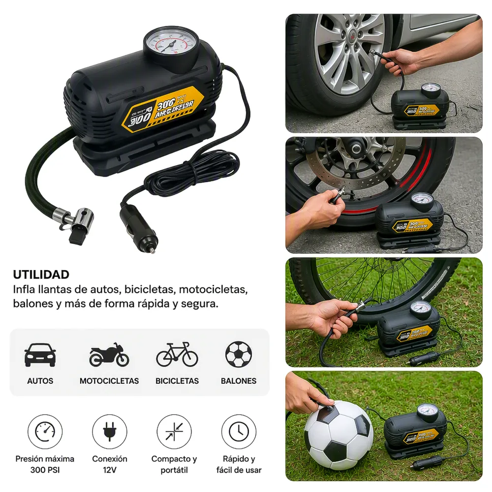 Compresor de Aire Portátil de 12V 300 PSI
