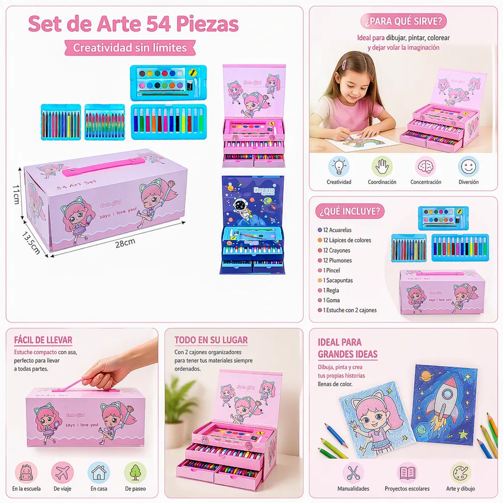 Kit de Arte Infantil 54 Piezas en Maletín Portátil