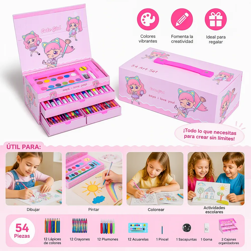 Kit de Arte Infantil 54 Piezas en Maletín Portátil