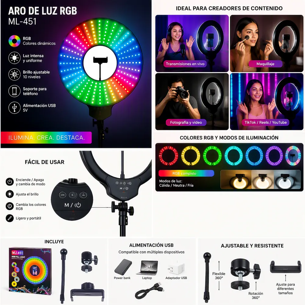 Aro de Luz LED RGB Rítmico 45 cm MJ-451