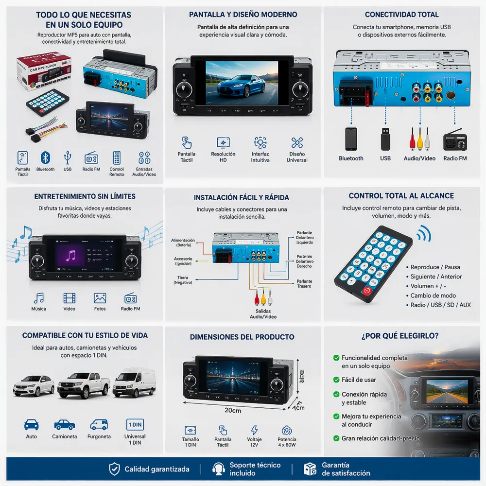 Radio de Auto Multimedia 1 DIN Pantalla Táctil
