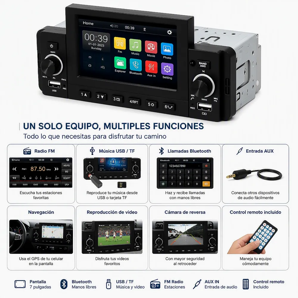 Radio de Auto Multimedia 1 DIN Pantalla Táctil