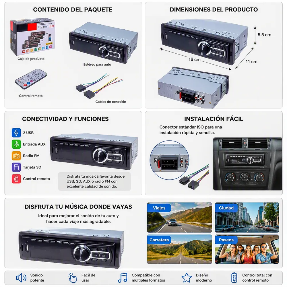 Radio Autoéstereo MP3 Control Remoto 1786E