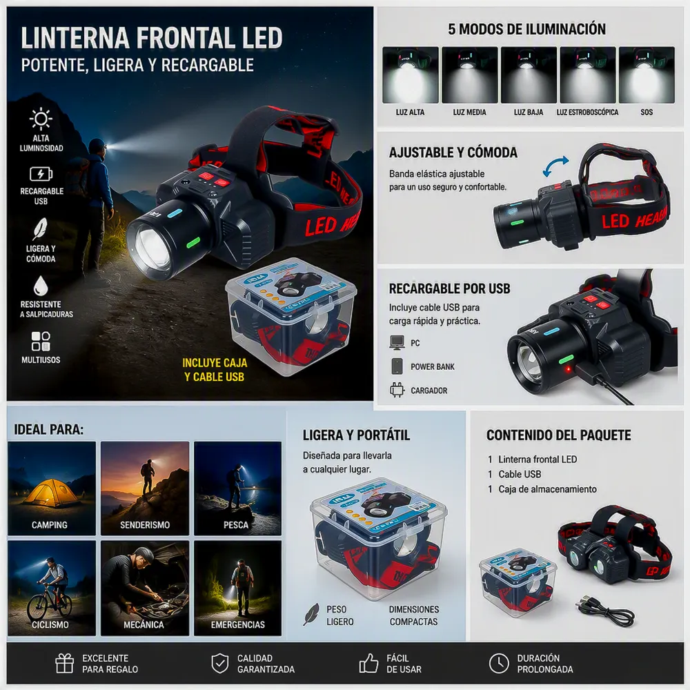 Linterna de Cabeza LED Recargable JF-003 2 14370 01