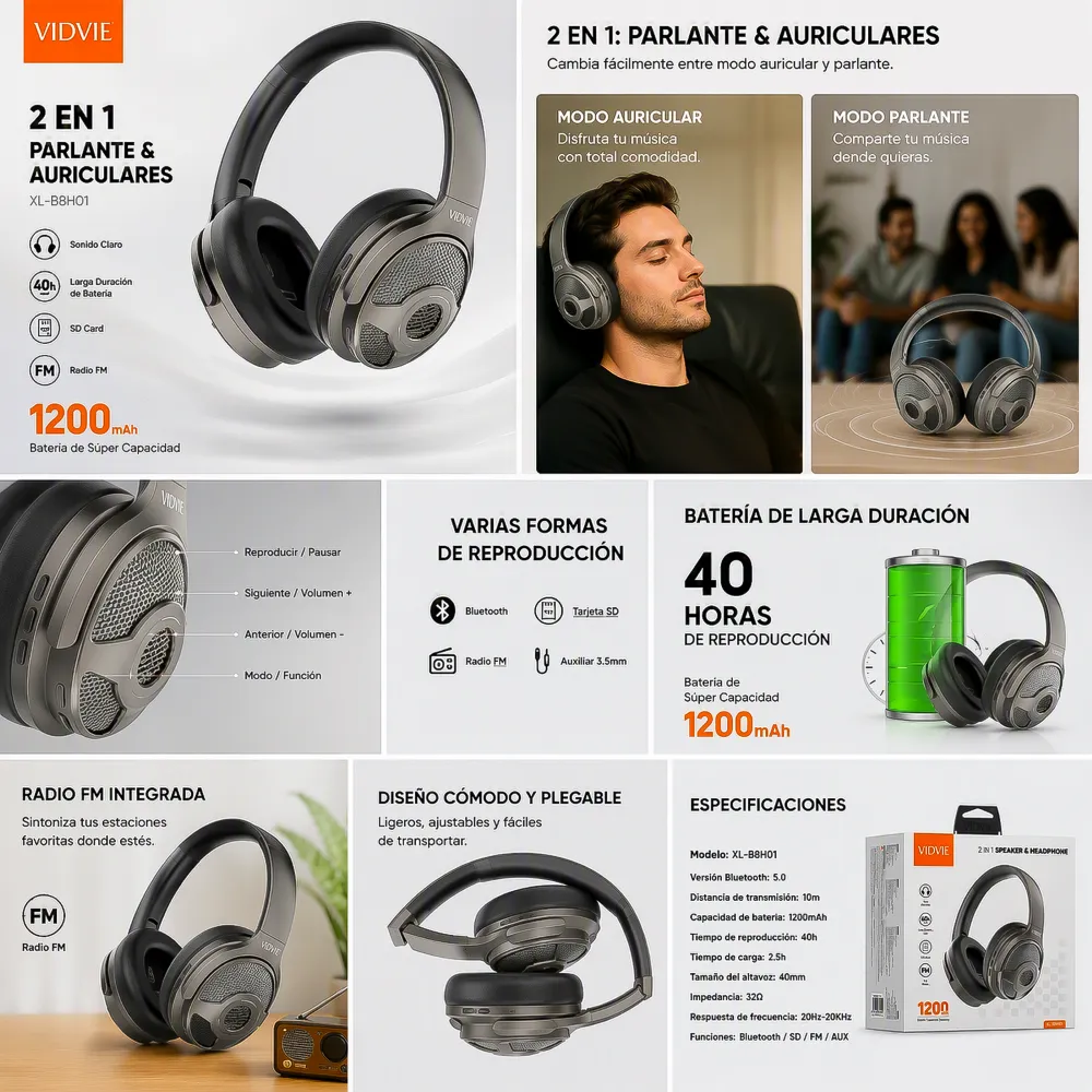 Audífonos Inalámbricos 2 en 1 XLBBH01 Vidvie