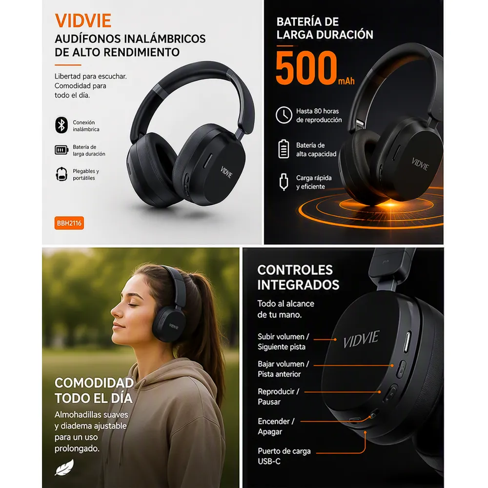 Audífonos Inalámbricos Over Ear BBH2116 Vidvie